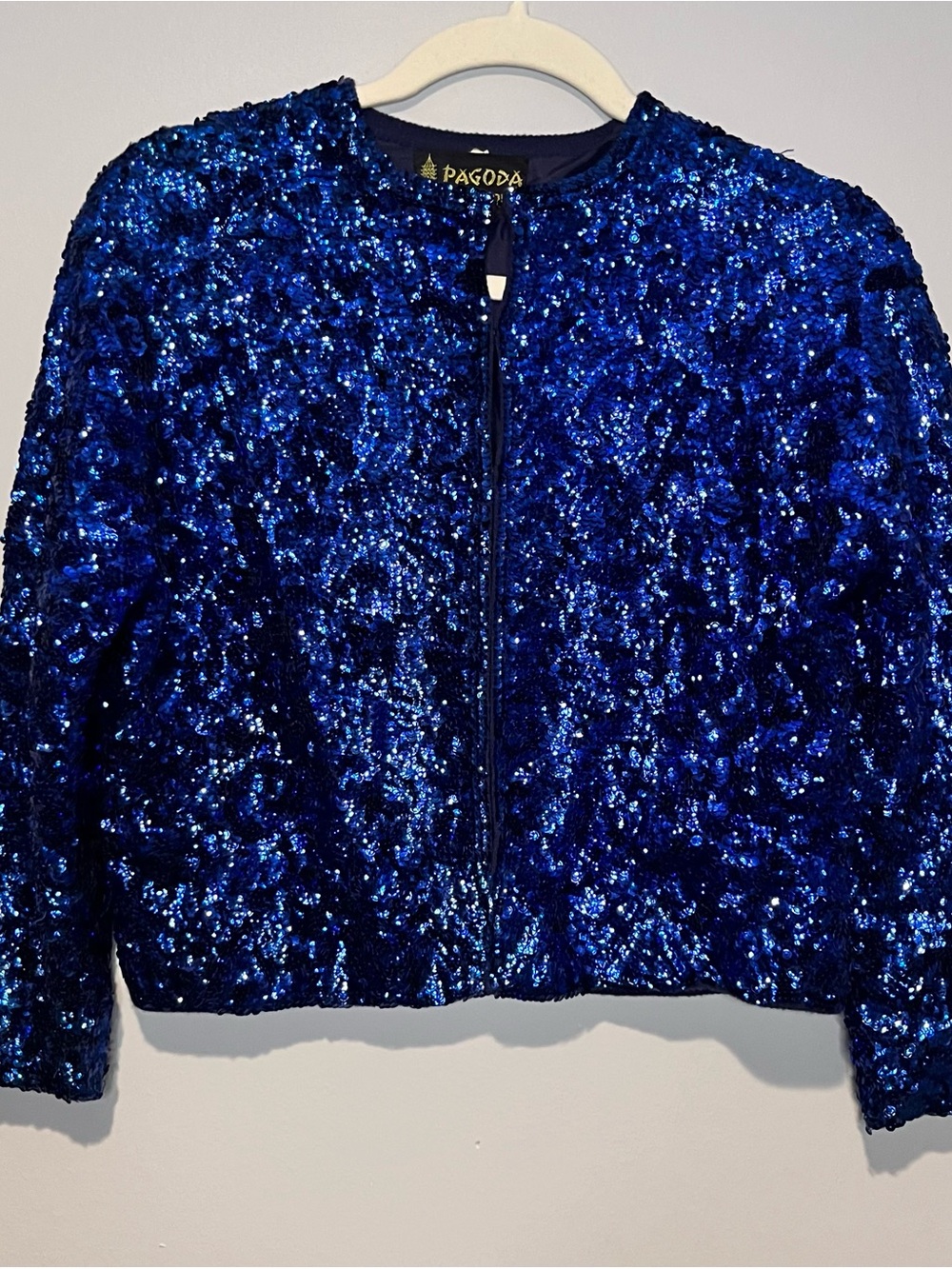 Vintage 60’s-70’s Pagoda Hong Kong Sequin Jacket Royal Blue Silk Lined Sz44 READ